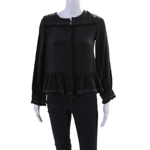 Flannel Womens Long Sleeve Scoop Neck Fringe Silk Top Blouse Black Size 0